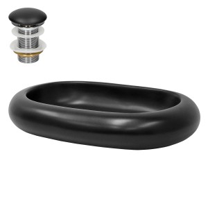 ML-Design Waschbecken, schwarz matt, mit Ablaufgarnitur in Kieselstein-Form.