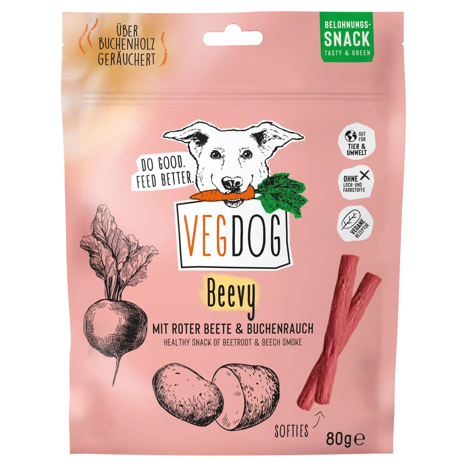 VegDog Hunde-Snack Beevy Sticks mit Roter Beete und Buchenrauch 80 g