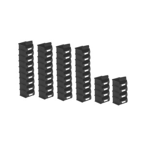 SuperSparSet: 48 schwarze ESD Sichtlagerboxen mit Abdeckung, Größen von 6x10x10 cm, für Aufbewahrungssysteme.