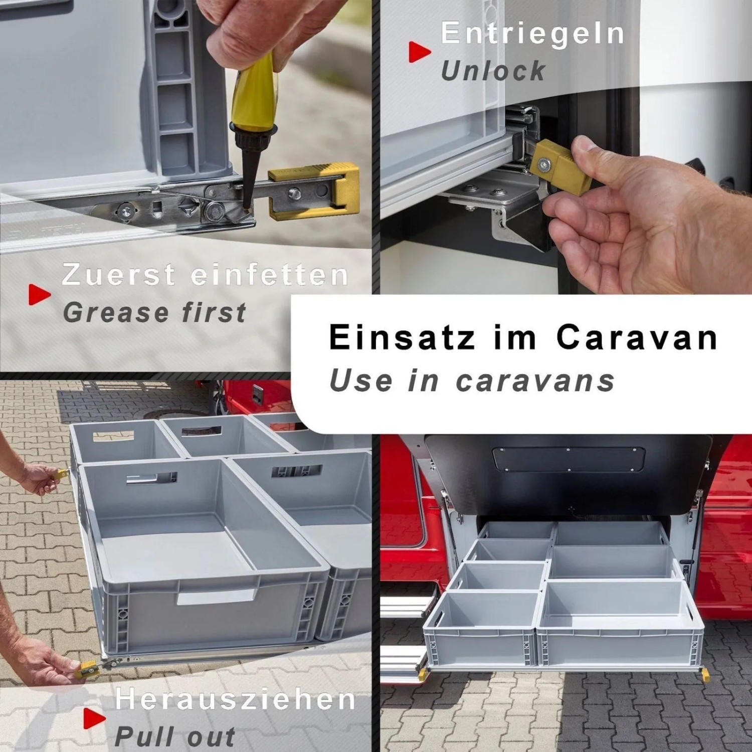 SOTECH Schwerlastauszug VarioSlide KV2-100-H53-L1000-EH 1000mm Zweihandverriegelung Einrastfunktion Gelber Hebel Schubladenschiene Belastbar Bis 100Kg_4