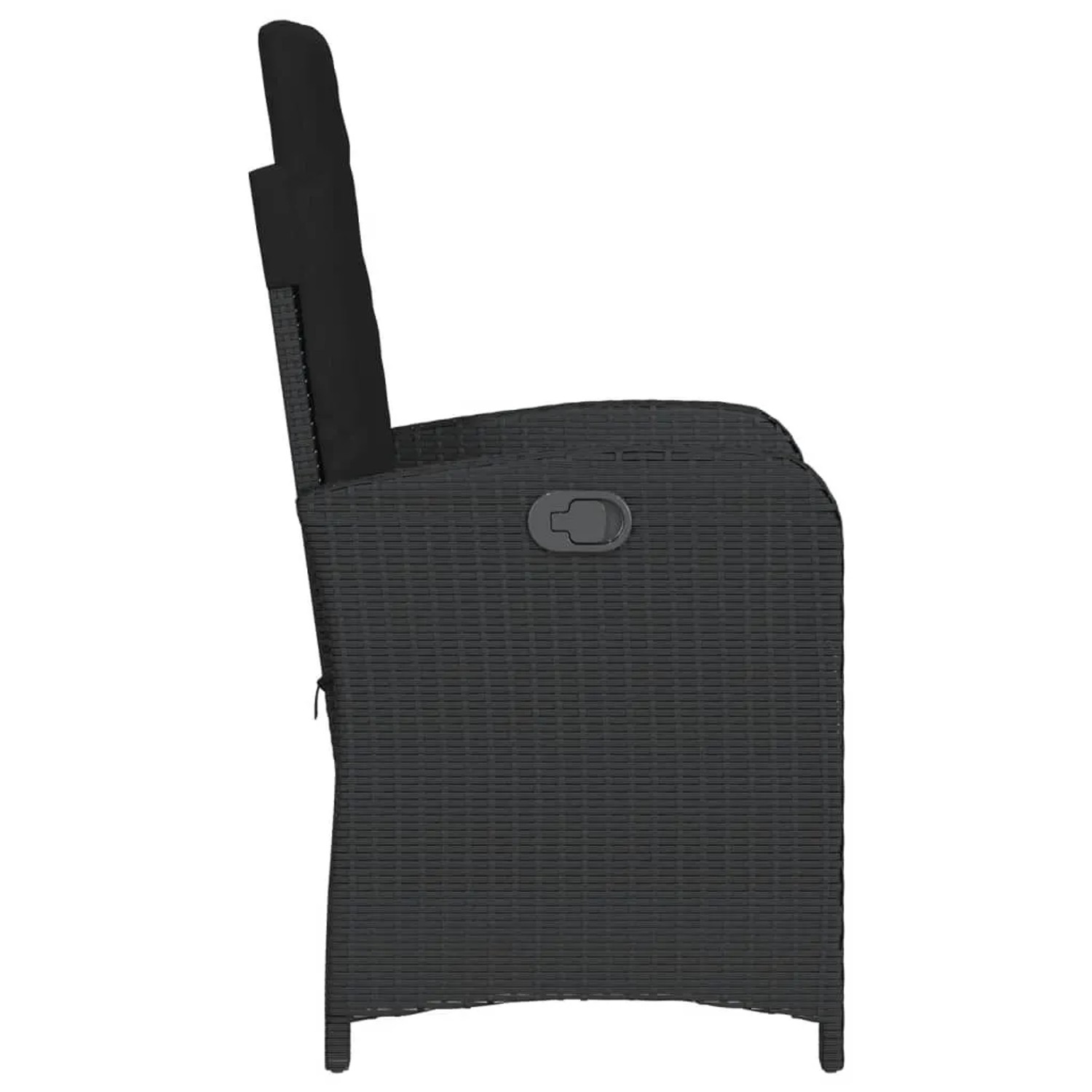Verstellbarer Gartensessel aus schwarzem Poly Rattan mit Kissen, Seitenansicht.
