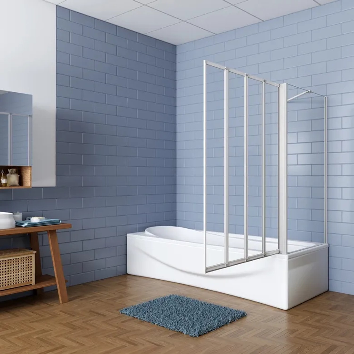 Badewannenaufsatz 100x140 cm mit Seitenwand, 4-teilig, Faltwand aus ESG-Glas, Rahmen weiß.