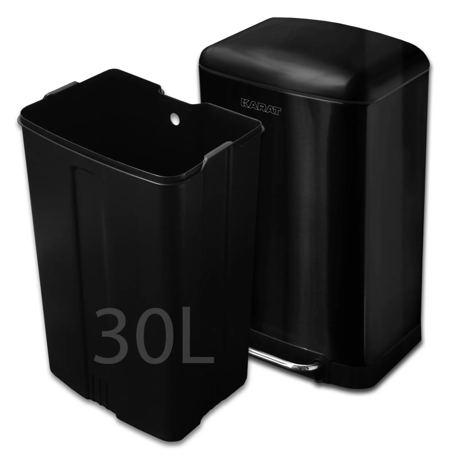 Schwarzer Karat Mülleimer Cubo aus Edelstahl, 30 Liter, mit herausnehmbarem Inneneimer.