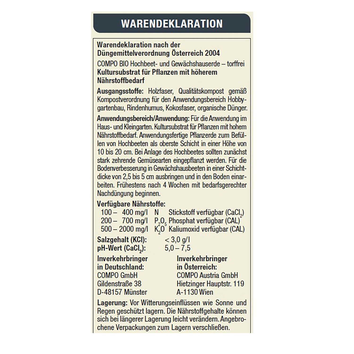 Detailansicht der Inhaltsangabe von Compo Bio Hochbeet- und Gewächshauserde Torffrei 40 l.