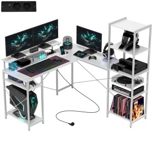 Weißer HOMCOM Eckschreibtisch mit Regalen und integrierter Ladestation.