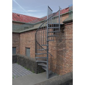 Außentreppe Minka Rondo Zink Smart, verzinkte Spindeltreppe mit Metallgeländer vor Backsteinmauer.