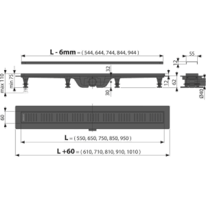 Technische Zeichnung: Alcadrain Duschrinne 650 mm, schwarz-matt, mit Maßen und Details.