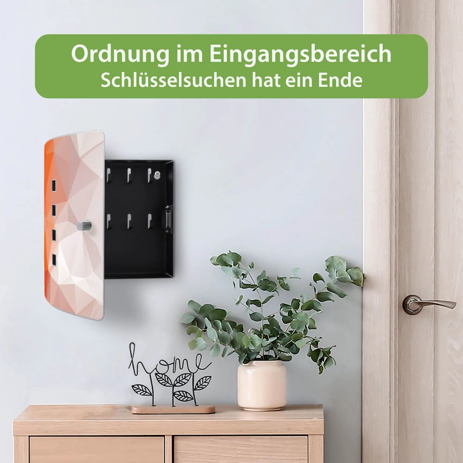 Offener Banjado Schlüsselkasten mit Orange Polygon Design, Edelstahltür, Magnetverschluss, für 10 Schlüssel an der Wand.