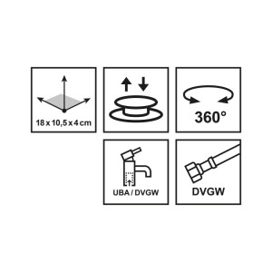 Piktogramme zur Einhebel-Waschtischarmatur Carsoli: Maße, Pop-Up Ventil, 360° Drehung, UBA/DVGW, DVGW.