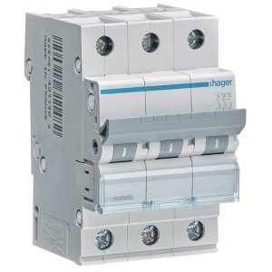 Hager Leitungsschutzschalter C20A 3P, 3-polig, für 20A, mit Beschriftungsfeld.