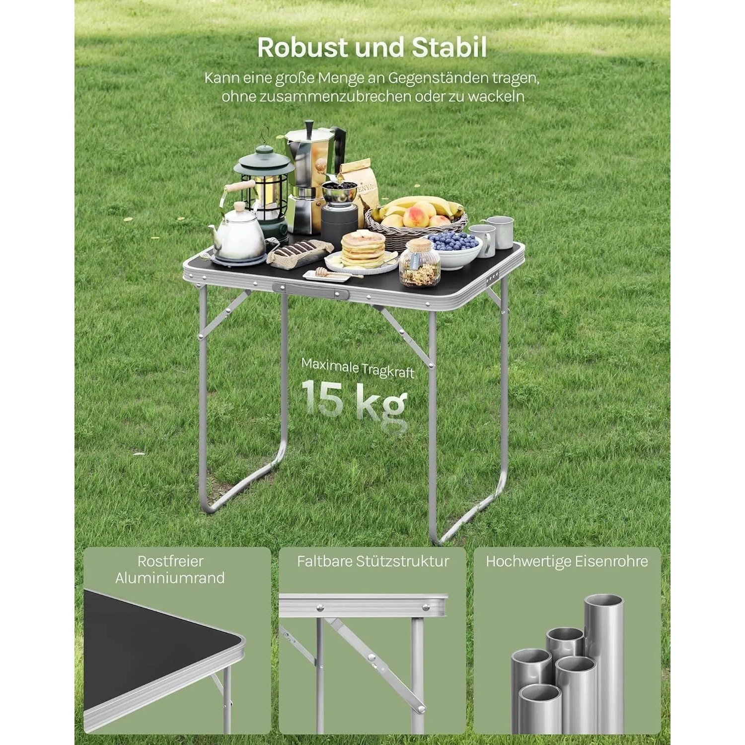 Schwarzer WOLTU Campingtisch, klappbar mit Alu-Gestell. Ideal für Camping & Outdoor.