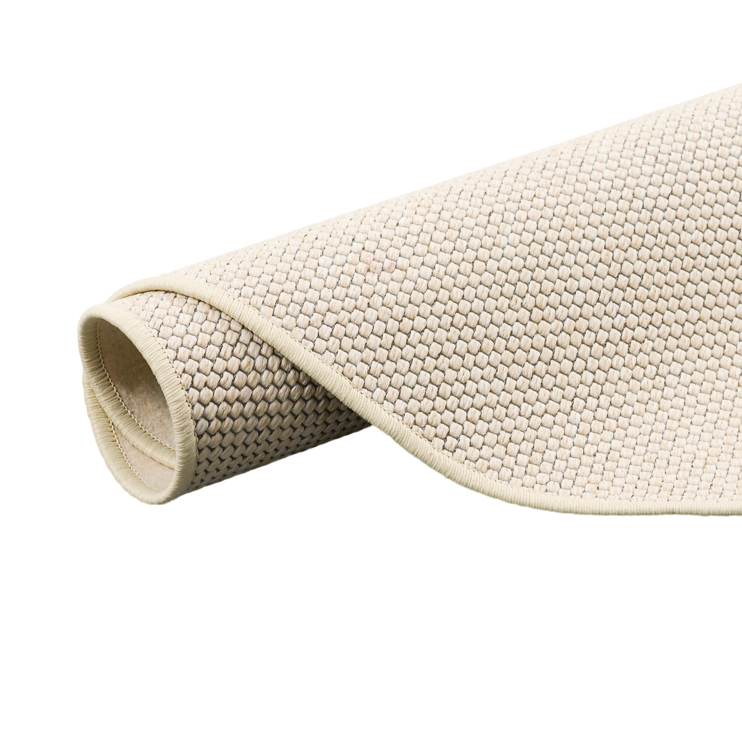 Gerollter, runder Snapstyle Bentzon Teppich in Sand, Flachgewebe, 160cm Durchmesser.