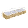 Langes Gewächshaus aus hellem Kiefernholz mit drei transparenten PVC-Dächern. Ideal für Garten und Frühbeet.