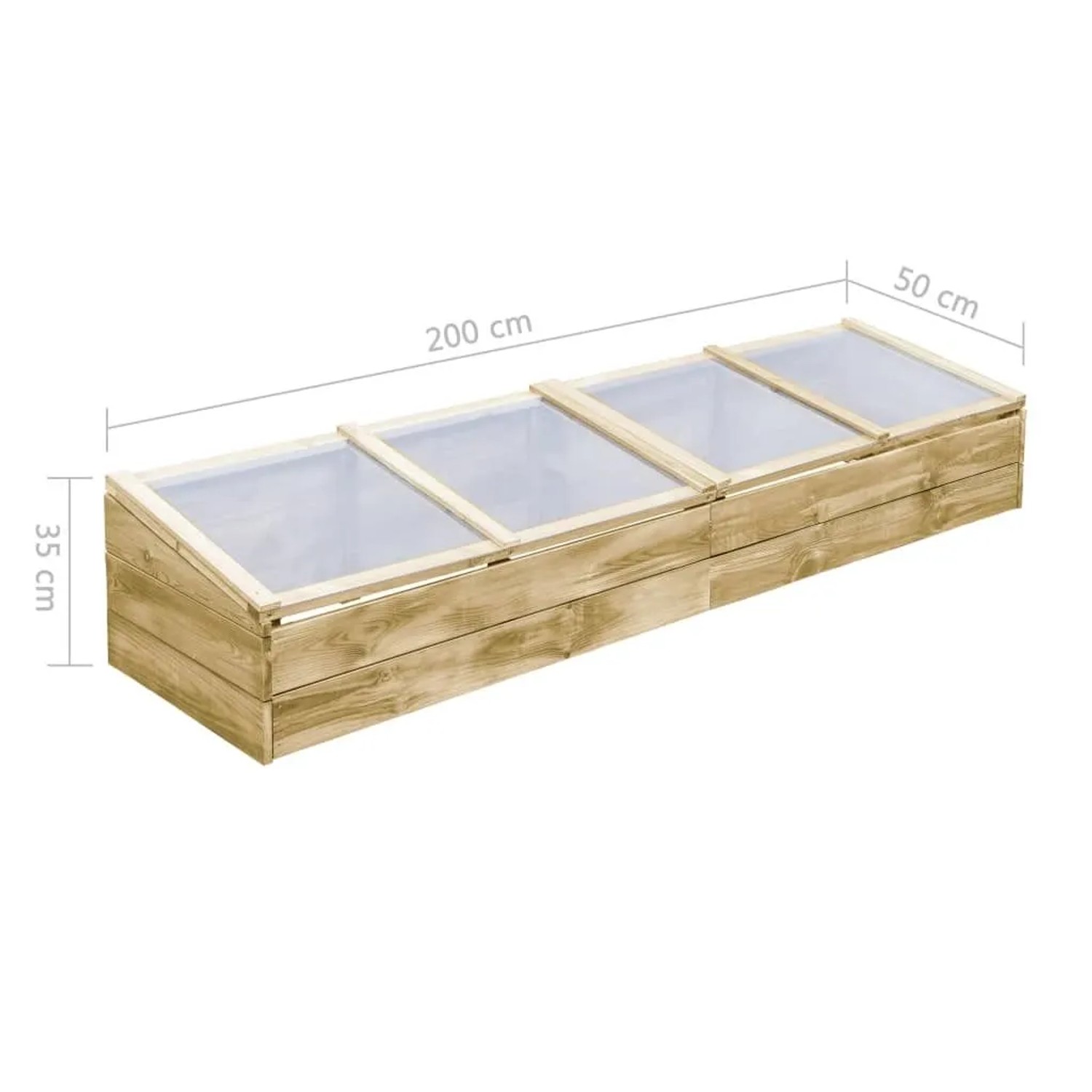 Langes Gewächshaus aus hellem Kiefernholz mit drei transparenten PVC-Dächern. Ideal für Garten und Frühbeet.