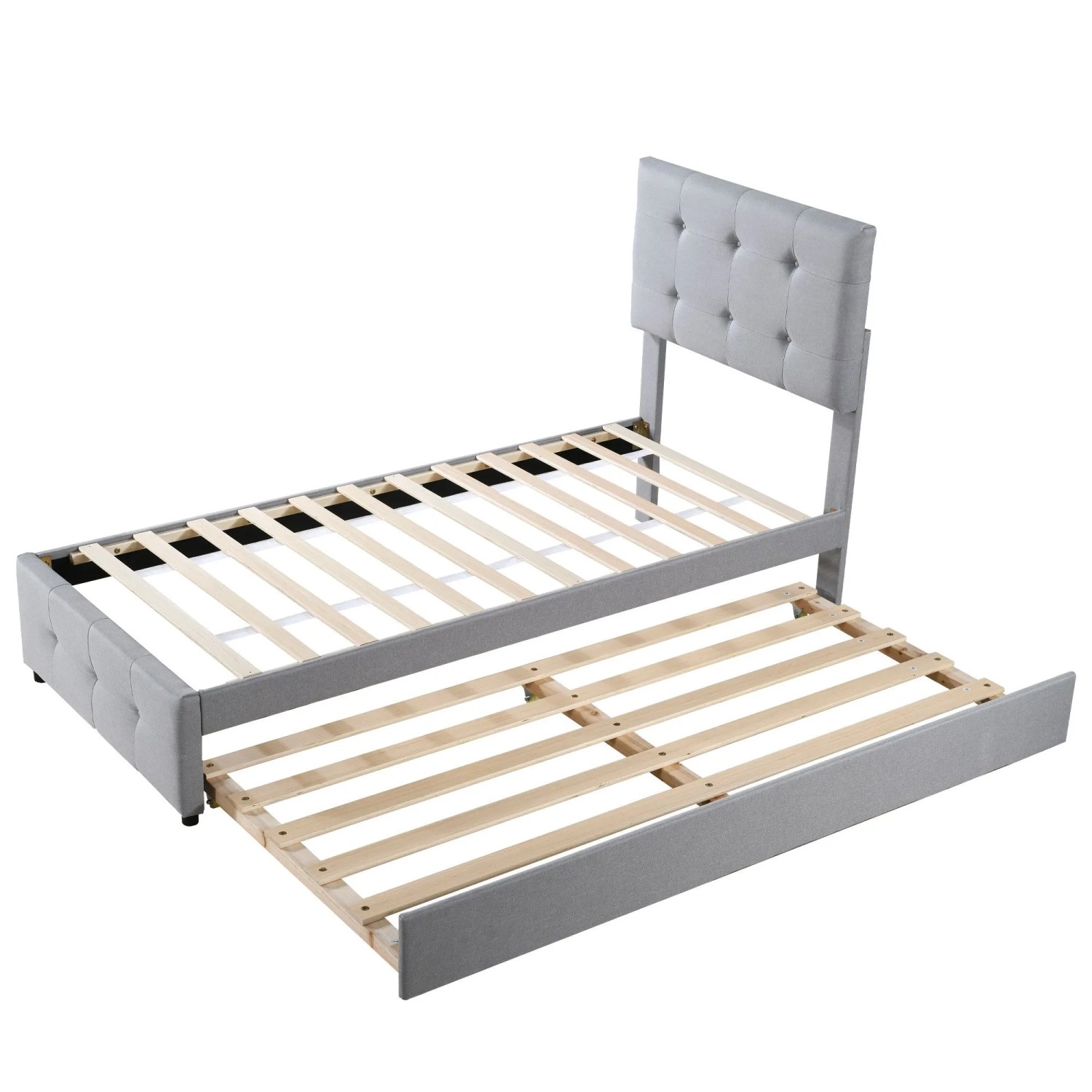 KOMHTOM Polsterbett 90x200Cm Ausziehbares Kinderbett Verstellbares Kopfteil Einzelbett Jugendbett Gästebett Leinen Grau Ohne Matratze