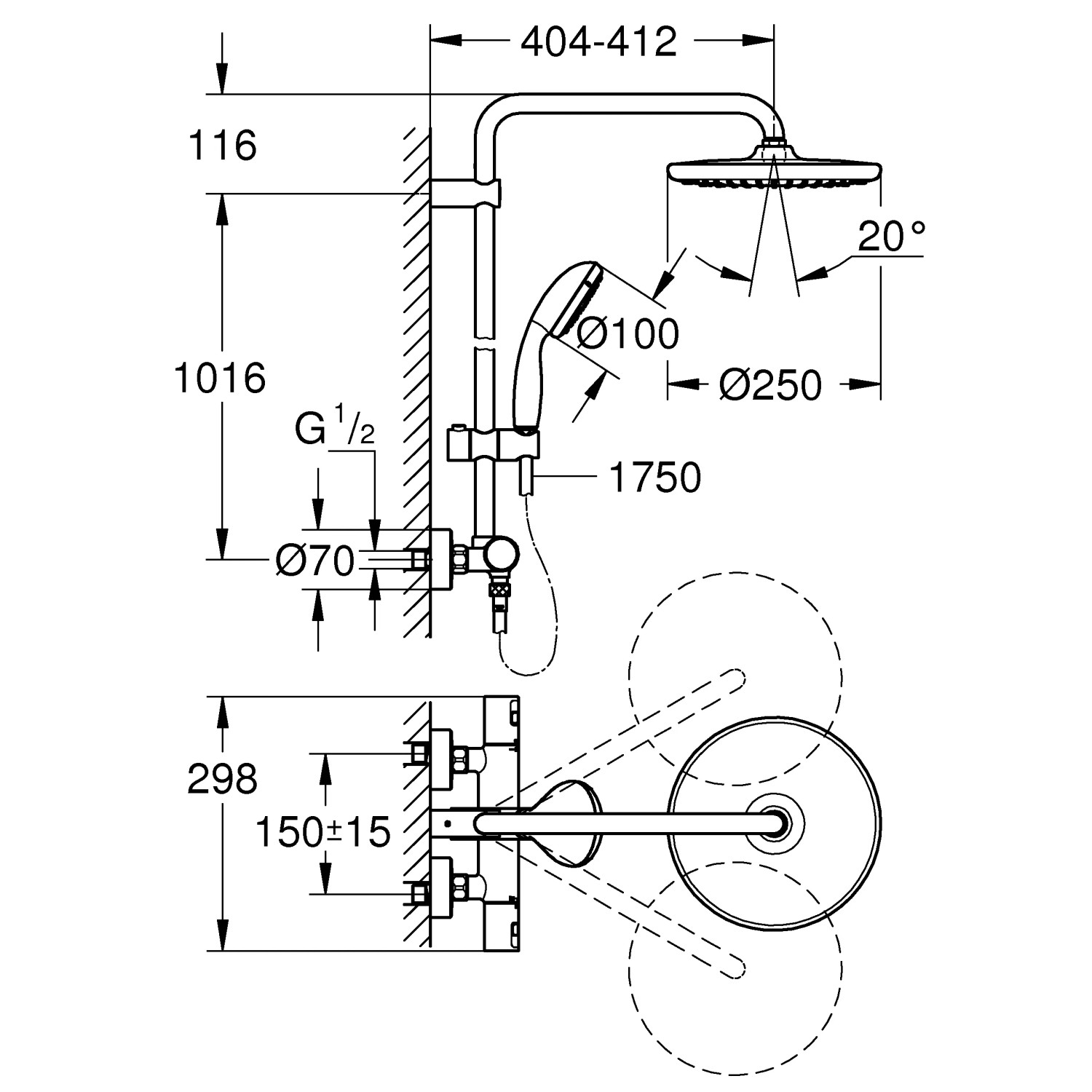 Technische Zeichnung Grohe QuickFix Duschsystem Vitalio Start 250 mit Maßen für die Wandmontage.