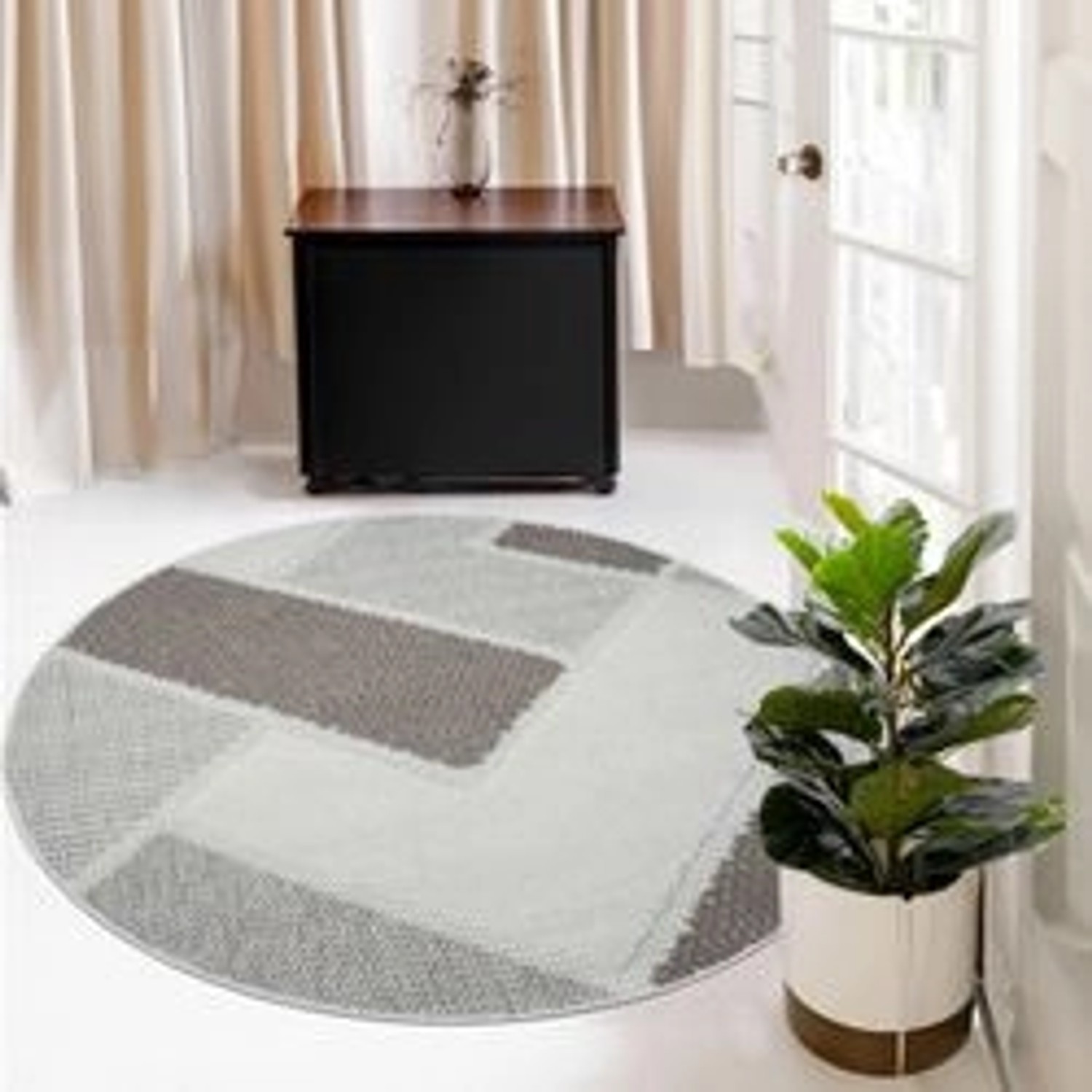 Beiger, runder Kurzflor-Teppich Linda mit Geo-Muster, 200x200 cm. Moderner Wohnzimmerteppich.