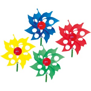 Windmühlen in Gelb, Blau, Grün und Rot mit weißen Punkten, Spielzeug für Garten und Balkon.