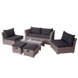 6-teilige Poly-Rattan Lounge-Garnitur in Grau mit schwarzen Kissen. Gartenmöbel-Set mit Sofa, Sesseln, Hockern und Tisch.