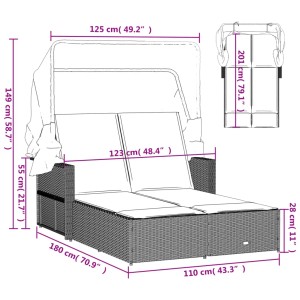 Doppel-Sonnenliege mit Dach, schwarzes Poly Rattan, inkl. Auflagen. Ideal für Garten & Terrasse.