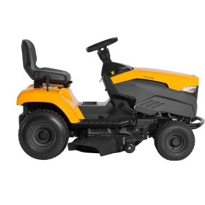 Stiga Rasentraktor Tornado 398 M in Gelb und Grau, Seitenansicht.