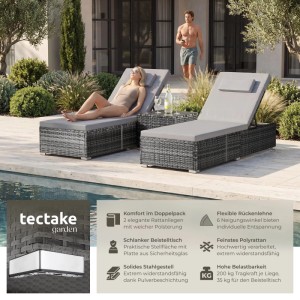 Tectake Rattan Doppelliege Carbonera Wetterfest und Uv Beständig 6 Fach Verstellbare Rückenlehne  196 x 62 x 36 cm Grau