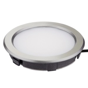 Runder LED Einbaustrahler in Edelstahloptik, geeignet für Unterbauleuchten.