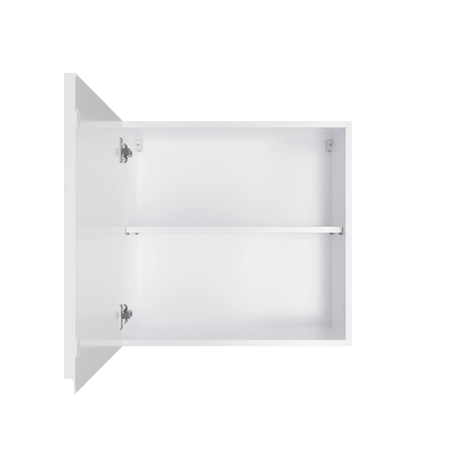 Weißer Held Küchen Hängeschrank Gera, 60 cm, mit geöffneter Tür und Einlegeboden.