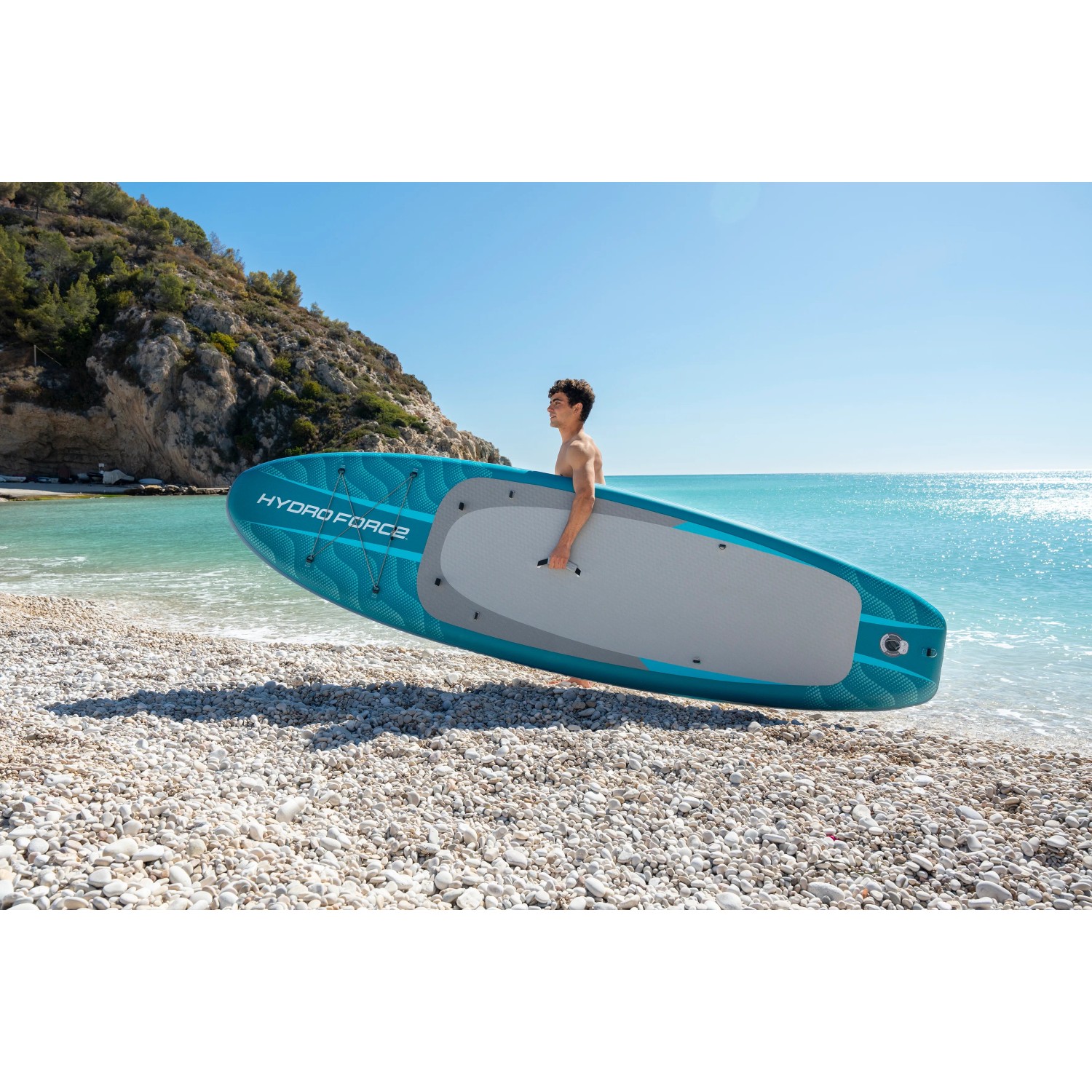 Bestway SUP Allround Board-Set Aqua Drifter, blau, mit Sitz und Paddel am Strand.