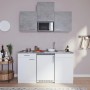 Respekta Küchenzeile KB150WWBMICG, 150 cm, Weiß/Beton Optik mit E-Geräten wie Kühlschrank und Mikrowelle.