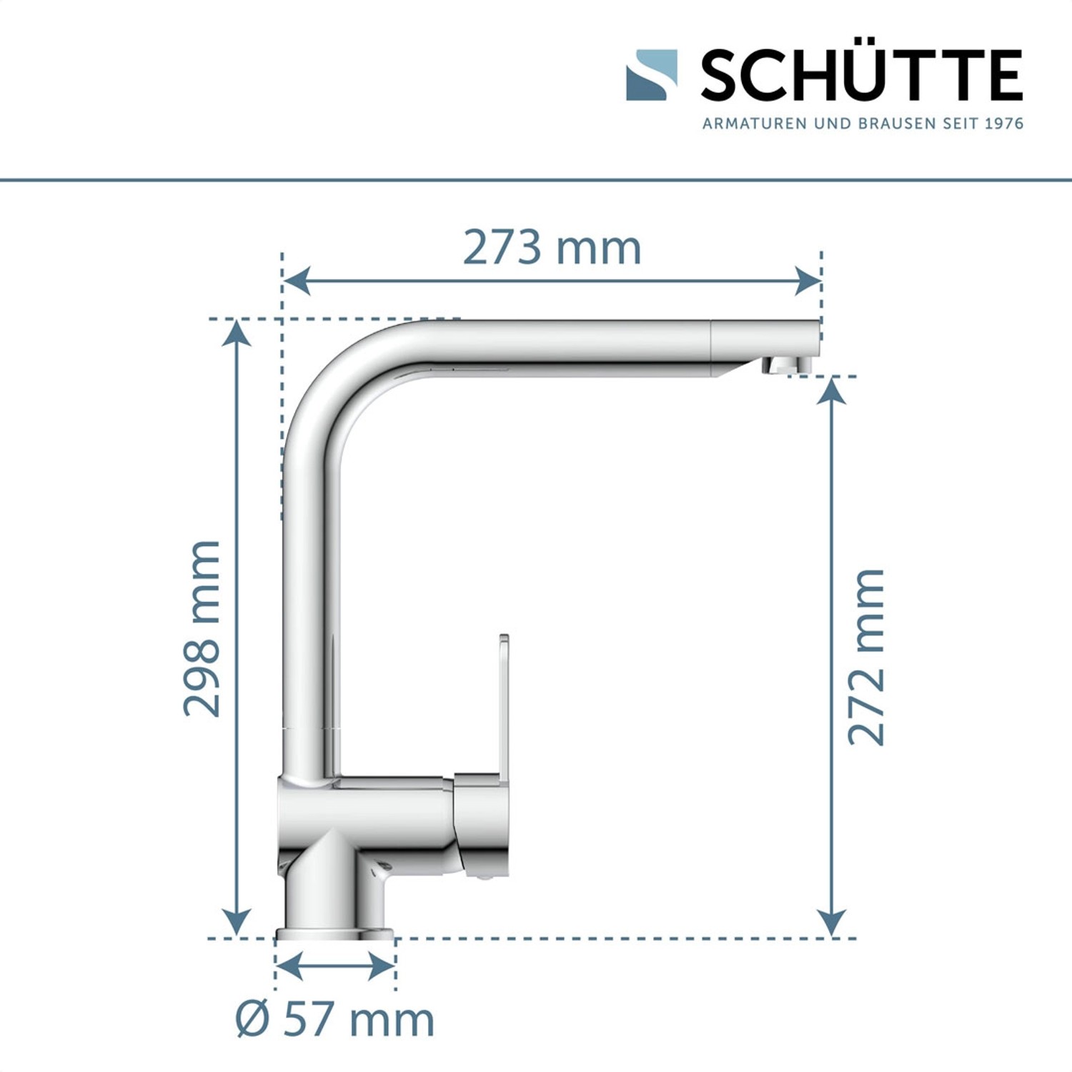 Schütte Spültischarmatur Rio Chrom, Einhebelmischer mit Maßangaben.