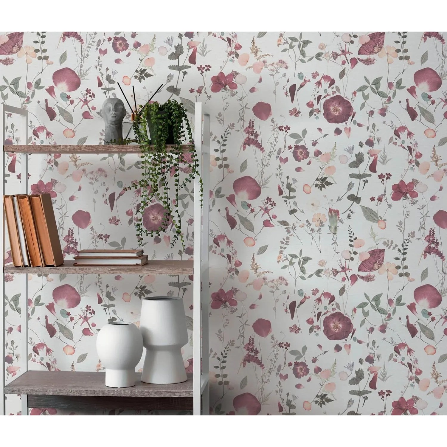 PROFHOME Blumen Tapete mit floralem Muster in Weiß, Violett, Rosa und Grün. Dekorative Vliestapete.