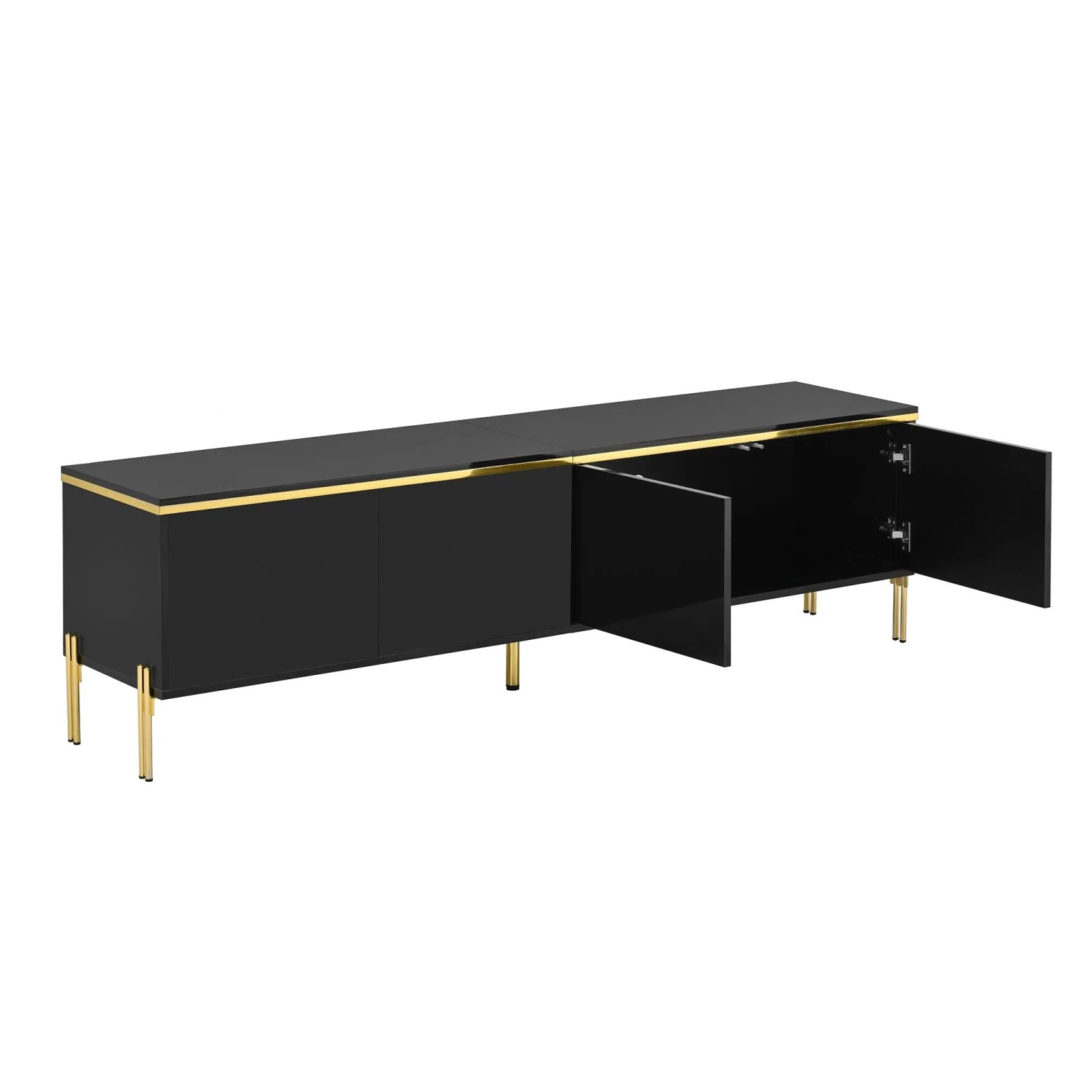 okwish TV Schrank mit 4 Türen Kabelmanagement Goldkante Stauraum 170×38×50cm Schwarz