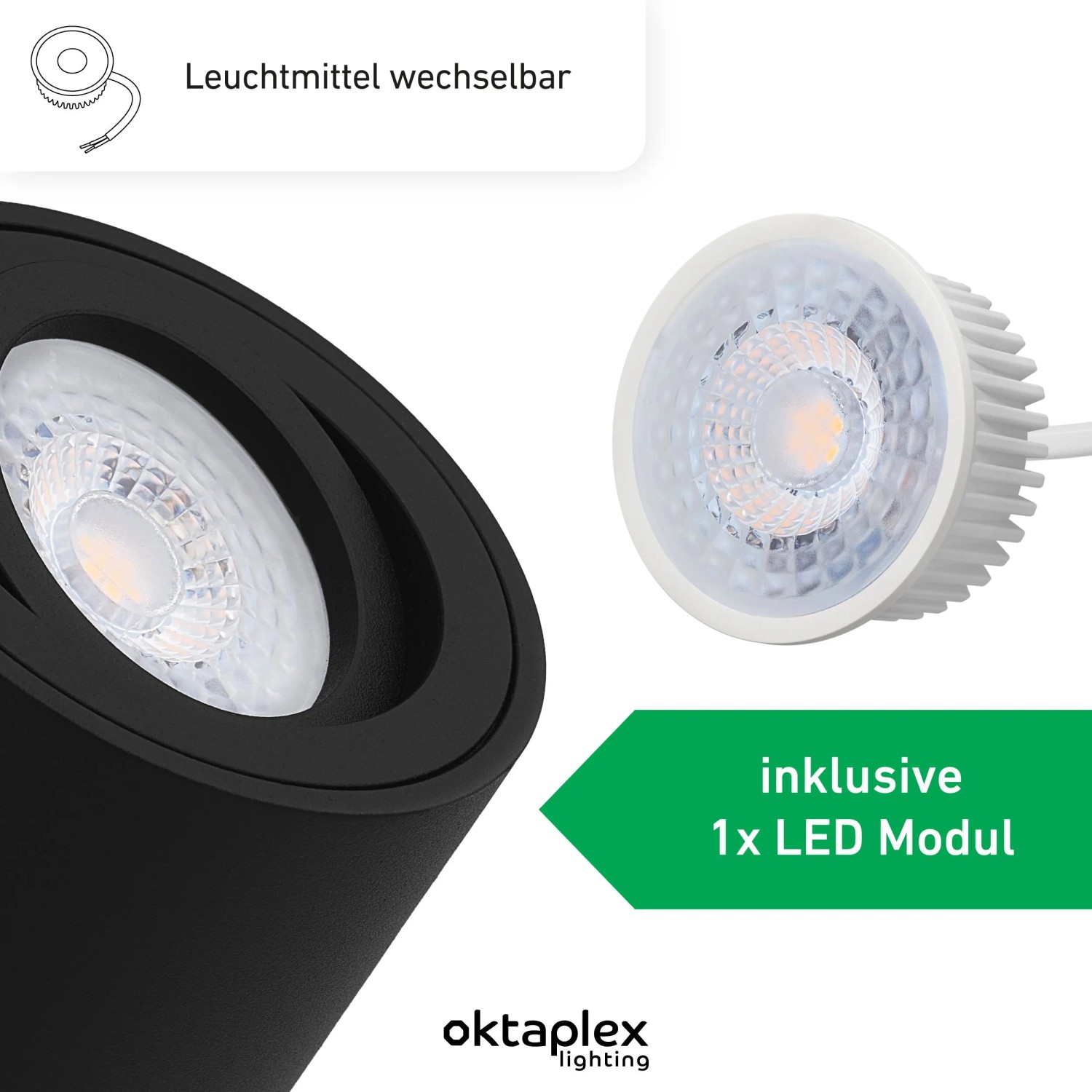 Oktaplex Lile S Aufbaustrahler 3er Set, schwarz, mit LED-Modul für warmweißes Licht.
