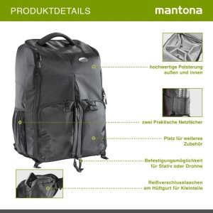 Mantona Universal Drohnen- & Kamerarucksack, schwarz, mit Polsterung, Netzfächern, Stativbefestigung und Hüftgurttaschen.