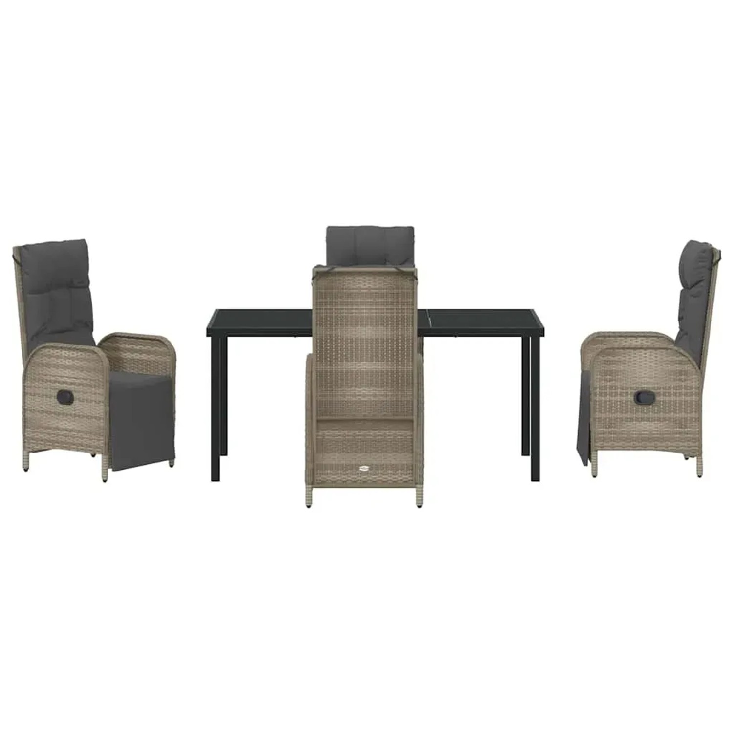 Graue 5-tlg. vidaXL Garten Essgruppe aus Polyrattan mit Tisch und Sesseln mit Kissen.