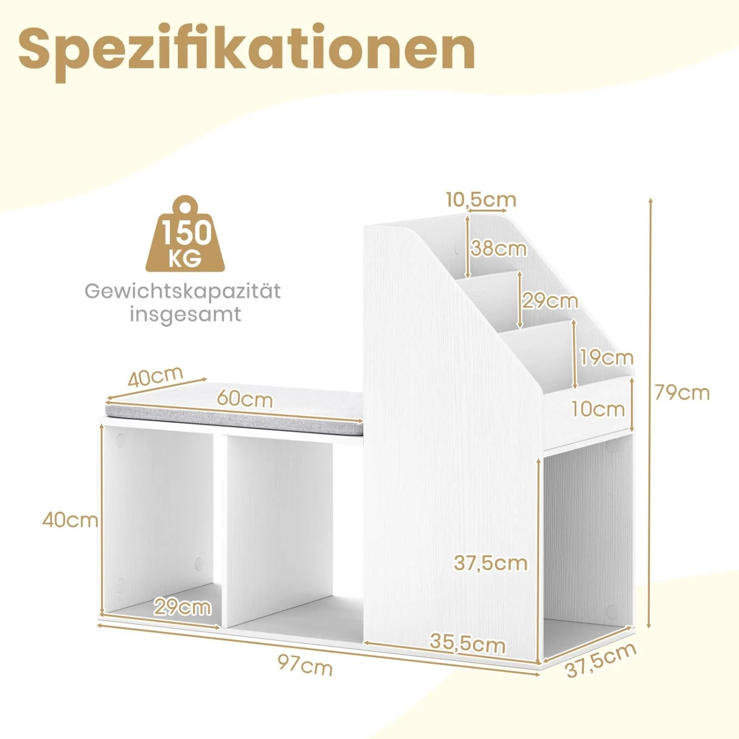 Weiße Schuhbank mit grauer Sitzfläche, offenen Fächern und seitlichen Ablagen. Maße und 150 kg Tragkraft.