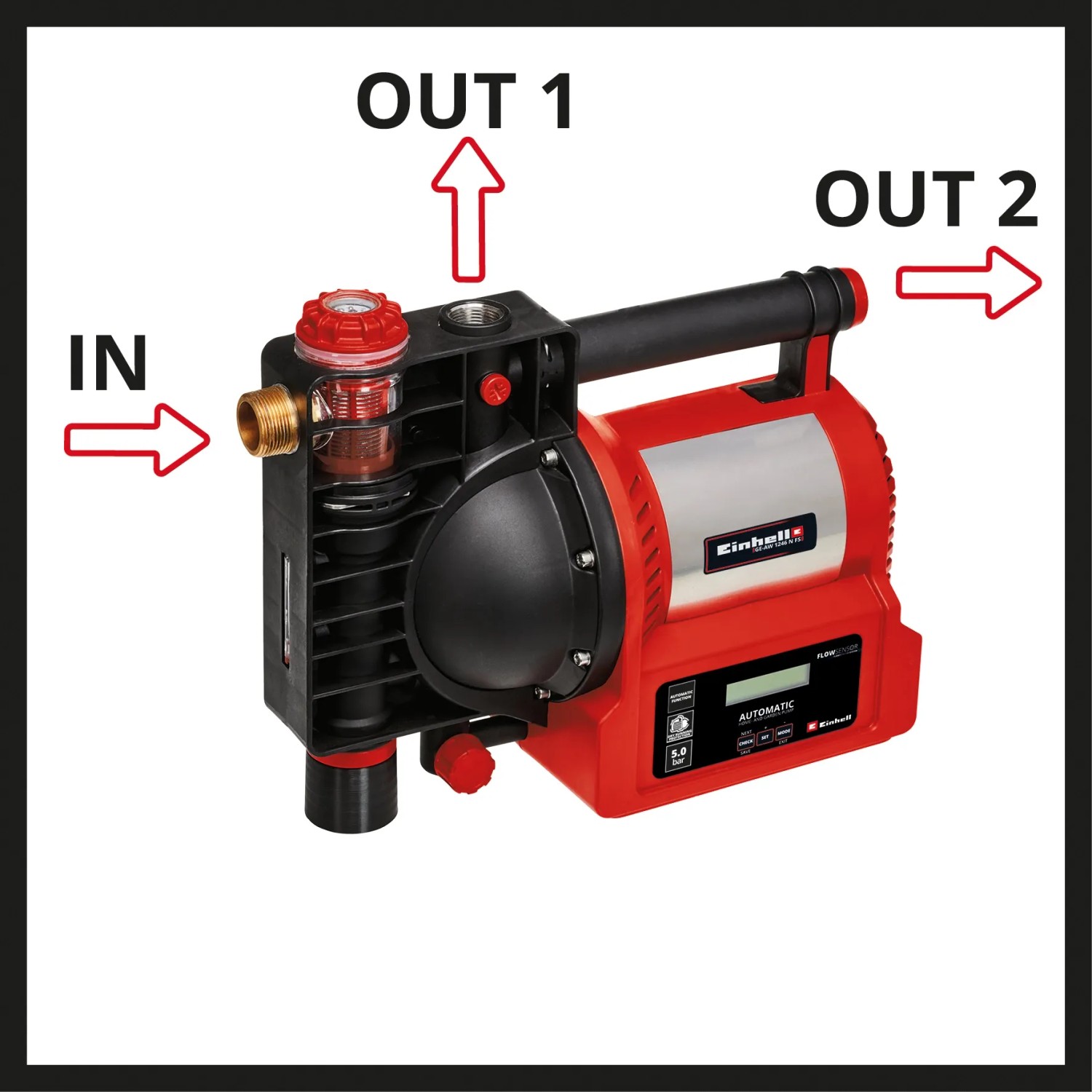 Einhell GE-AW 1246 N FS Hauswasserautomat mit Anschlüssen für Wasserzufuhr und -abfluss.