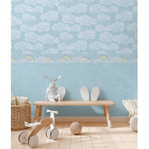 A.S. Creation Vlies-Bordüre mit Wolken und Regenbogen in Bunt-Blau-Weiß für das Kinderzimmer.