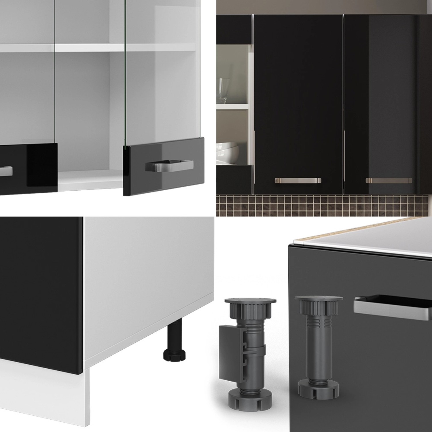 Vicco R-Line Singleküche, 140 cm, Schwarz Hochglanz/Weiß mit Eiche Arbeitsplatte, Detailansichten.