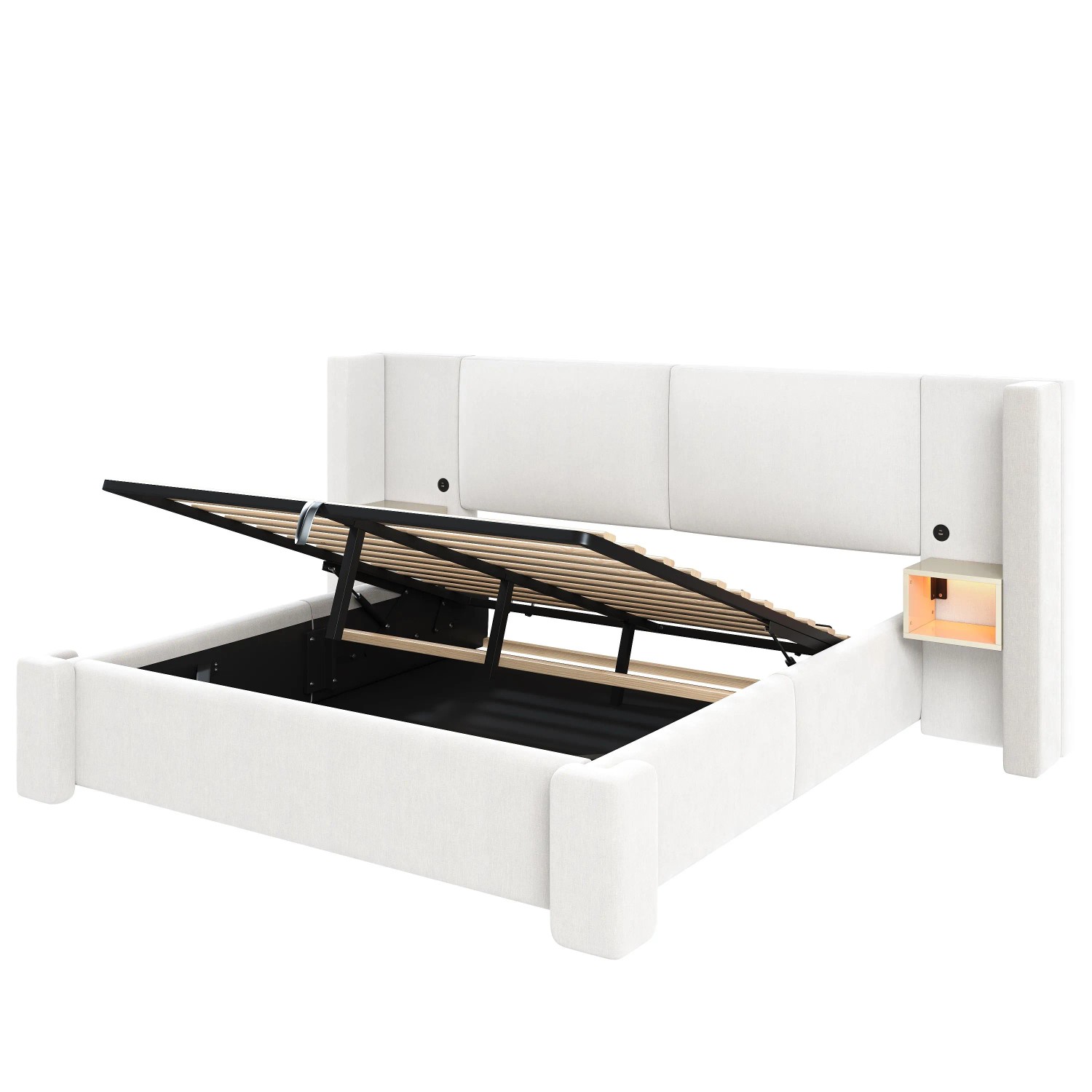 Merax Leinen Polsterbett 140x200 cm Mit LED Staufächern Hydraulischem Stauraum Beige