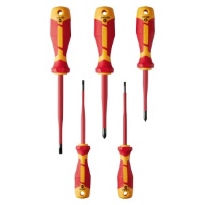 5-teiliges LUX VDE Schraubendreherset Slim für Elektroarbeiten mit Schlitz und Kreuzschlitz.