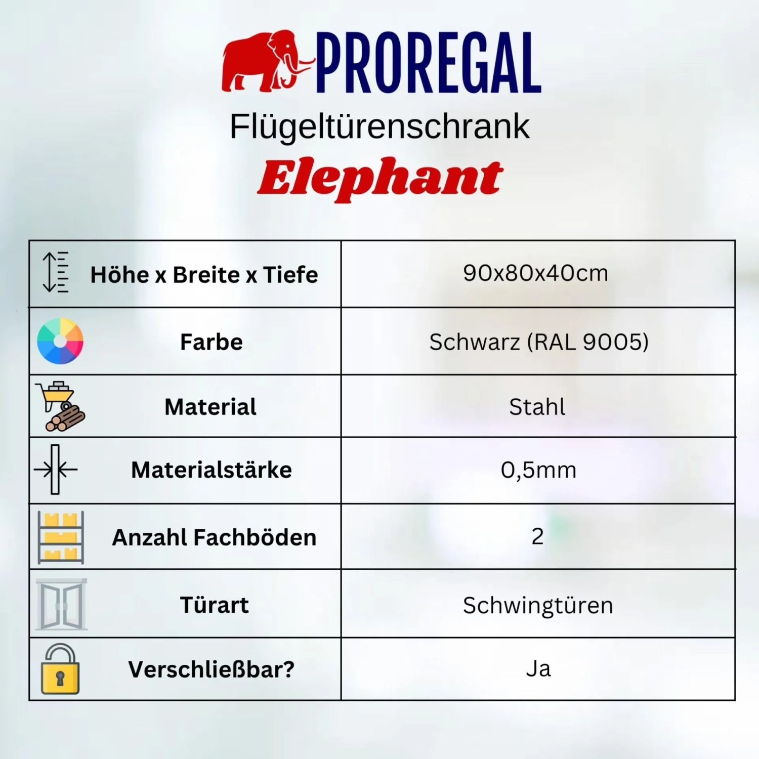 PROREGAL Flügeltürenschrank ELEPHANT, schwarz, 90x80x40cm, abschließbar, mit 2 Ebenen aus Stahl.