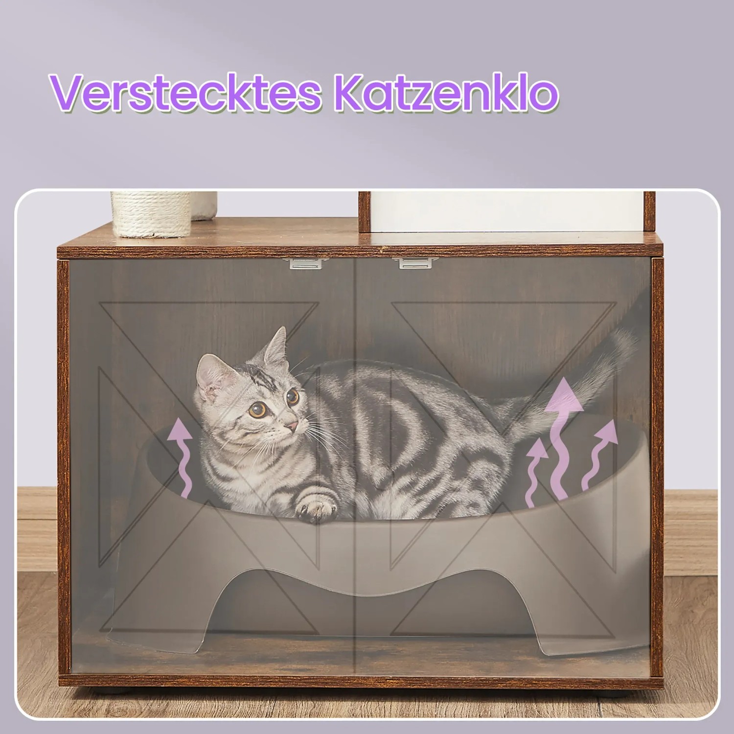 Brauner Feandrea Kratzbaum mit Katzenklo-Schrank, Katze liegt entspannt darin.