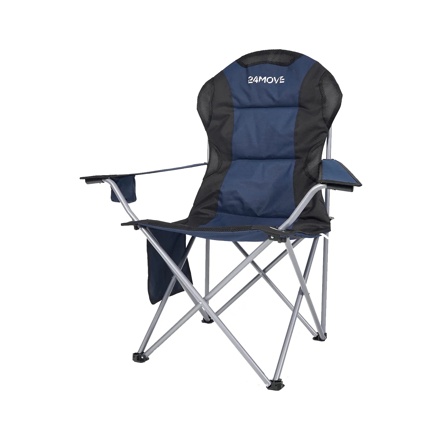 Faltbarer, blauer 24MOVE Campingstuhl mit Polsterung und Tragetasche, belastbar bis 150 kg.