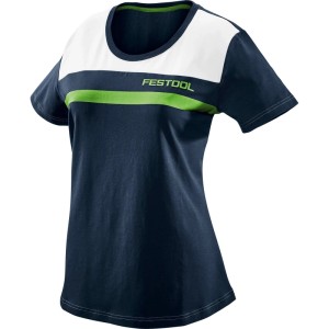 Festool Damen T-Shirt, Single Jersey, dunkelblau mit weißem Colour-Block und grünem Streifen, Festool Logo. Arbeitskleidung.
