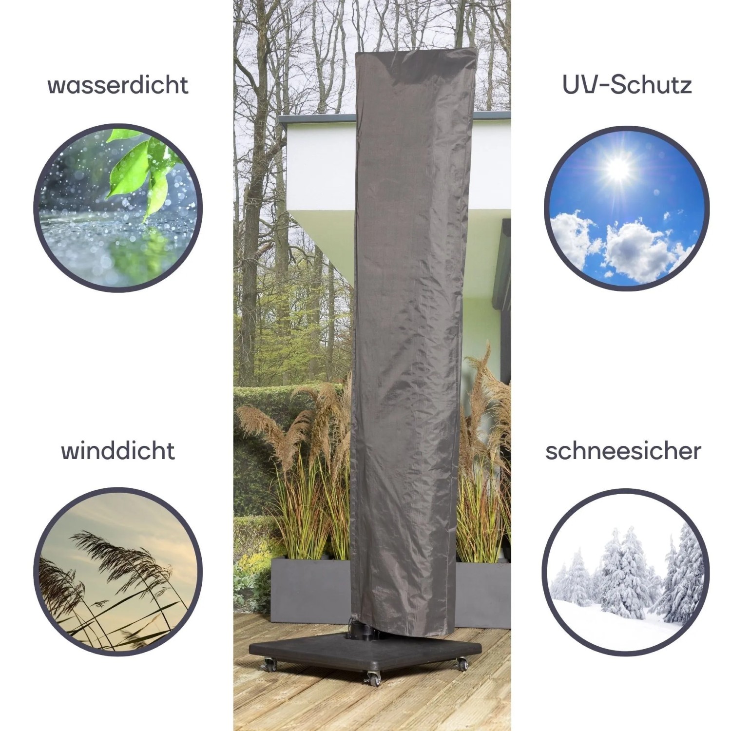 Dunkelgraue Perel Garten-Schutzhülle für Sonnenschirme aus Polypropylen-Gewebe, bietet optimalen Schutz.