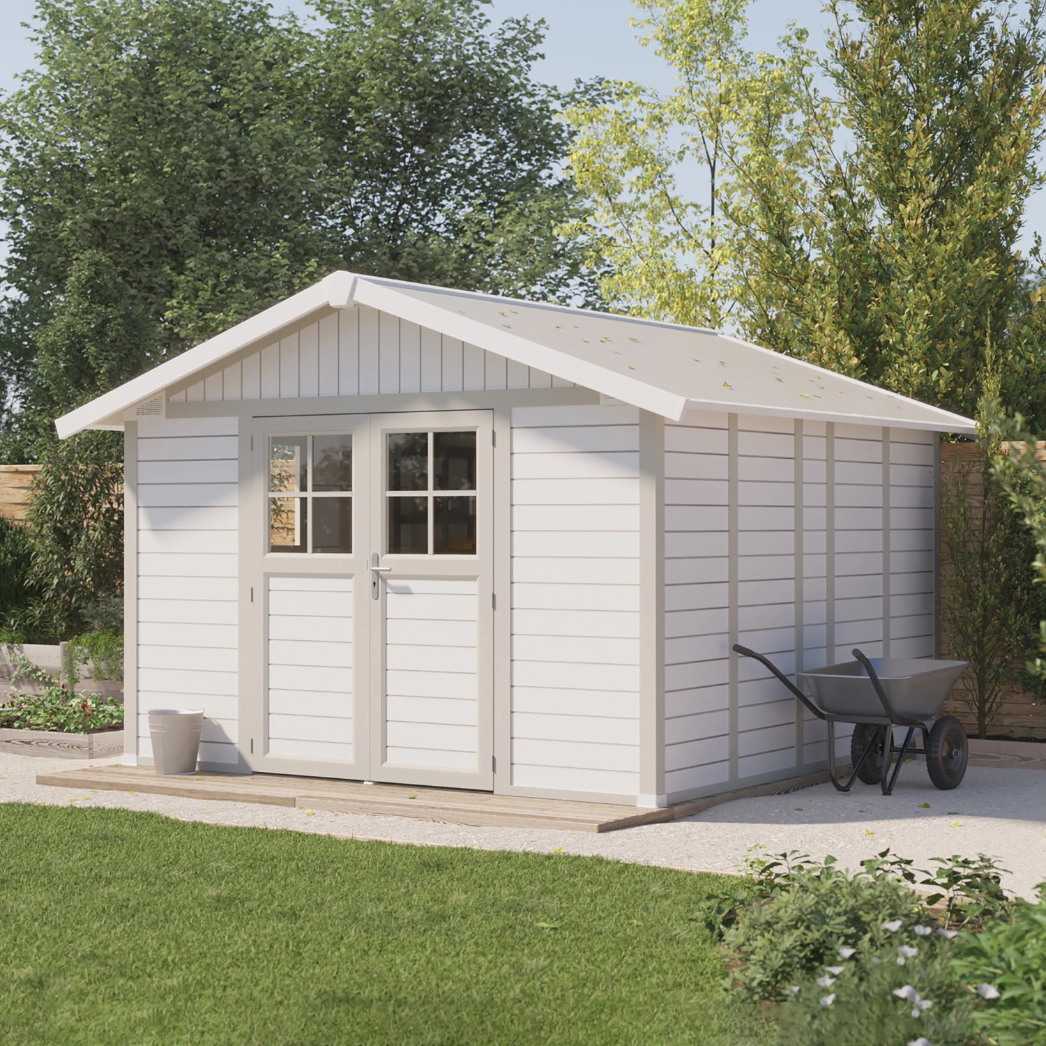 Grosfillex Kunststoff-Gartenhaus Deco H 11 in Graugrün mit Doppeltür und Schubkarre im Garten.