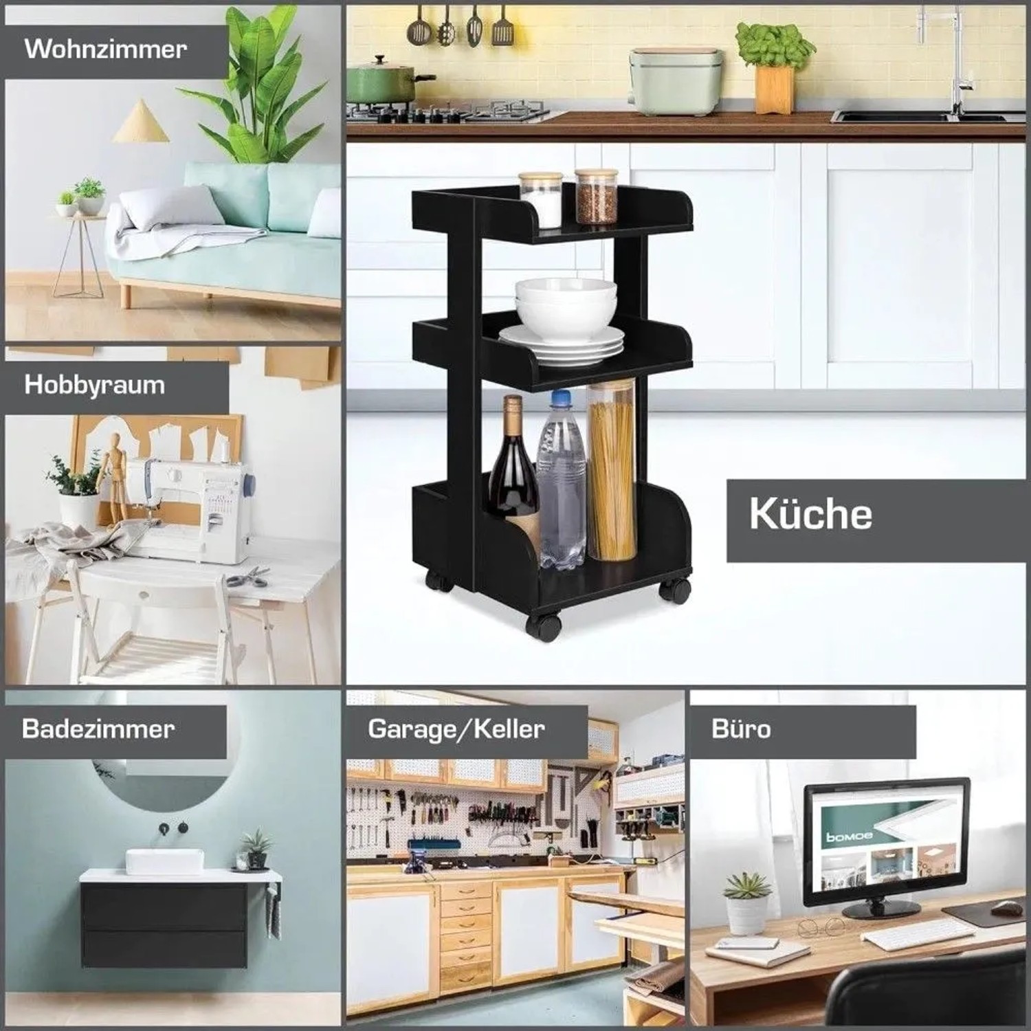 Bomoe Aufbewahrungswagen Bosse, schwarz, 69 cm hoch, mit 3 Ebenen und Rollen.
