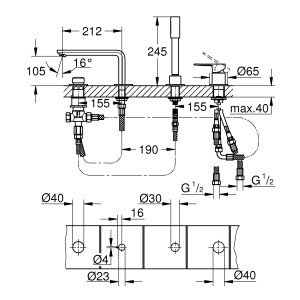 Technische Zeichnung der Grohe Lineare 4-Loch Wannenarmatur in Chrom mit Maßangaben.